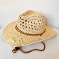 Hulpmiddel stro cowboyhoed met kinband voor dames zonnebescherming aan het strand - M (56-58cm) / Beige