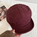 Vintage burgundy five-panel camp cap in washed denim fabric on a textured background - M (56-58cm) / Burgundy
