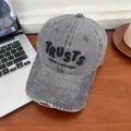 Detail of vintage grey washed baseball cap featuring 3D embroidery and distressed stitching - M (56-58cm) / Gray