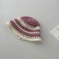 Japanese style hand-knit striped hollow flower bucket hat in purple and beige - M (56-58cm) / Pink