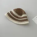 Close-up of handmade crochet bucket hat with hollow flower pattern and brown stripes - M (56-58cm) / Khaki