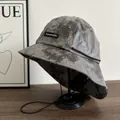 Tie-dye grey bucket hat with adjustable windproof rope and side label for sun protection - M (56-58cm) / Gray