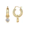 Golden hoop earrings with round sparkling moissanite pendant in polished finish - Gold Thick Hoop Single Stone Dangle Style (E15141)