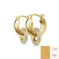 Golden moissanite hoop earrings with pave-set stones and a professional GRA report - Gold U-Shaped Pavé Double Hoop Dangle Style - With GRA Certificate (E16369)