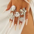 Five-piece silver vintage metal ring set featuring irregular baroque pearls and floral designs - 5-Piece Silver Artificial Pearl Flower Set (29485-ring-S)