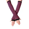 Pink and black striped fingerless arm warmers in soft knit fabric for women - Black and Rose Red Striped