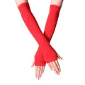 Chic red knitted long fingerless arm warmers for women in vibrant solid color finish - Red