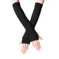 Women's long black knitted fingerless arm warmers with thumb holes for autumn - Black