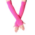 Rose pink long knitted fingerless arm warmers with elastic texture and thumb hole - Rose Red