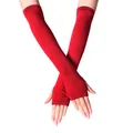 Long red knit fingerless gloves with ribbed cuffs for winter warmth and style - Burgundy