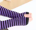 Purple and black striped knitted long arm warmers with thumb holes in punk style - Black and Purple Striped