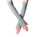 Grey knitted fingerless long arm warmers for women with textured winter fabric - Light Gray