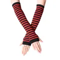 Long knit arm warmer featuring classic red and black horizontal stripes with thumb hole - Black and Wine Red Striped