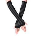 Long fingerless knit arm warmers featuring classic black and gray horizontal stripes - Black and Dark Gray Striped