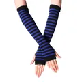 Blue and black striped knitted fingerless long arm warmer gloves for winter fashion - Black and Royal Blue Striped