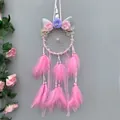 Pink unicorn dream catcher wall decor with soft feathers and delicate fabric flowers - Unicorn Style - Finished / Without Light / Pink