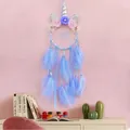 Blue unicorn dream catcher hanging decor with pastel feathers for girls room decor - Unicorn Style - Finished / Without Light / Blue
