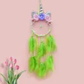 Unicorn dream catcher pendant with bright green feathers and fabric flowers - Unicorn Style - Finished / Without Light / Green
