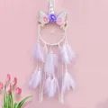 Handmade unicorn dream catcher with pastel feathers and floral decor on pink backdrop - Unicorn Style - Finished / Without Light / White