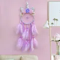 Pink unicorn dream catcher variant with purple feathers and faux floral decorations - Unicorn Style - Finished / Without Light / Purple