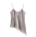 Detailed view of silver satin camisole with intricate lace trim and asymmetrical hem - Gray