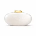 Detail of white pearlescent evening clutch featuring a golden irregular metal clasp - Shell Color
