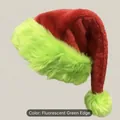 Rote Plüsch-Weihnachtsmütze mit fluoreszierend grünem Kunstfellbesatz und Bommel - Einheitsgröße (45x31cm) / Rot mit fluoreszierendem grünen Rand