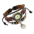 Vintage leather cuff watch for men with bronze dial and bohemian beaded straps - Brown