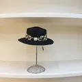 Detail of black straw hat featuring leopard print ribbon and pearl embellishment - M(56-58cm) / Black