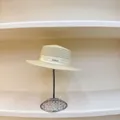 French pleated ribbon straw hat in cream white with a gold metal plaque for summer beach - M (56-58cm) / Beige