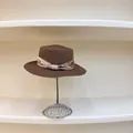 Detail of straw boater hat with floral ribbon and four rows of pearl embellishments - M (56-58cm) / Coffee