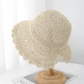 Foldable handmade straw sun hat with wavy brim for women beach vacation in beige - M / Beige