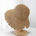 Handmade foldable straw sun hat with scallop wave brim for women beach vacation - M / Khaki