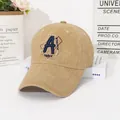 Retro khaki washed cotton baseball cap with blue letter A embroidery for women - M (56-58cm) / Khaki