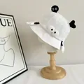 Cute white cotton bucket hat with cartoon eyes and 3D plush soot sprite character - M / White