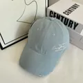 Breathable quick-drying light blue baseball cap with side embroidery and distressed details - M / Light Blue