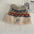 Winter plush knit earflap hat with bear ears and warm sherpa fleece lining for women - M / Beige And Orange