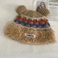 Winter knit beanie with bear ears and warm fleece lining in camel and brown tones - M / Khaki