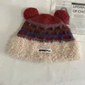 Winter plush bear ear knit hat for women with warm fleece lining and faux lamb wool trim - M / Red