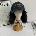 Green plaid baseball cap with black faux fur earflaps and yellow embroidery detail - M (56-58cm) / Green