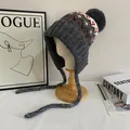 Winter Fair Isle knit pom-pom hat with earflaps and warm fleece lining in dark grey - M (56-58cm) / Gray