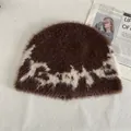 Brown fuzzy knit beanie with white jacquard patterns for winter street style - M (56-58cm) / Coffee