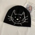 Berretto nero in maglia con motivo a gatto jacquard e tessuto caldo per donna - M / Nero