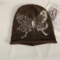 Brown fluffy knit beanie with butterfly embroidery for women, Y2K aesthetic style - M (56-58cm) / Coffee