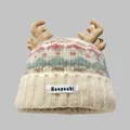 Gorro de punto Fair Isle con astas de reno en blanco crema y patrones de corazones - M (56-58cm) / Blanco Roto