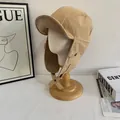 Khaki cotton linen winter trapper hat with corduroy lining and ear flaps for warmth - M (56-58cm) / Khaki