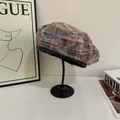 Vintage dark gray plaid beret with colorful check pattern and side embroidery detail - M (56-58cm) / Coffee