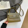 Olive green houndstooth crossbody bag with matte leather panels and silver rotary clasp - Green Without Pendant