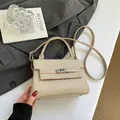 Beige woven texture small crossbody bag with silver twist lock for office women - Khaki (No Pendant)