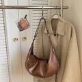 Retro brown large capacity crescent hobo bag in glossy faux leather with silver hardware - No Pendant / Brown